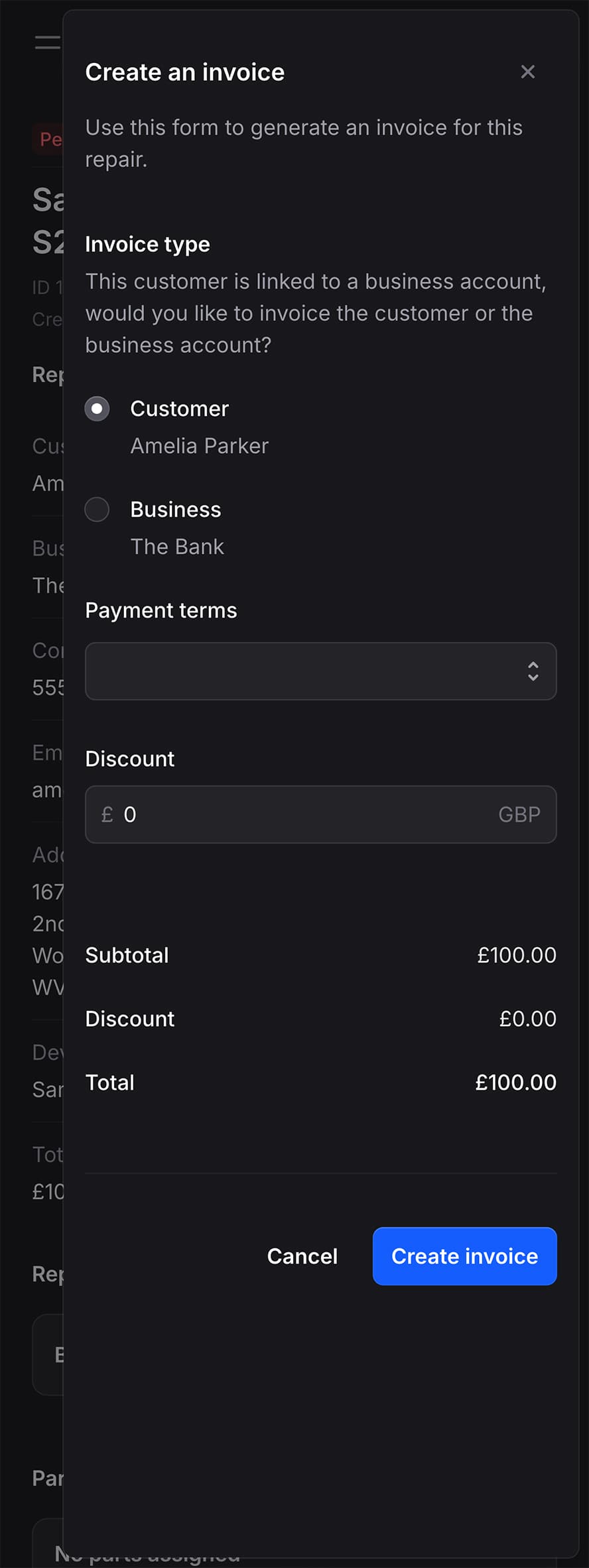 Image showing a create invoice dialog