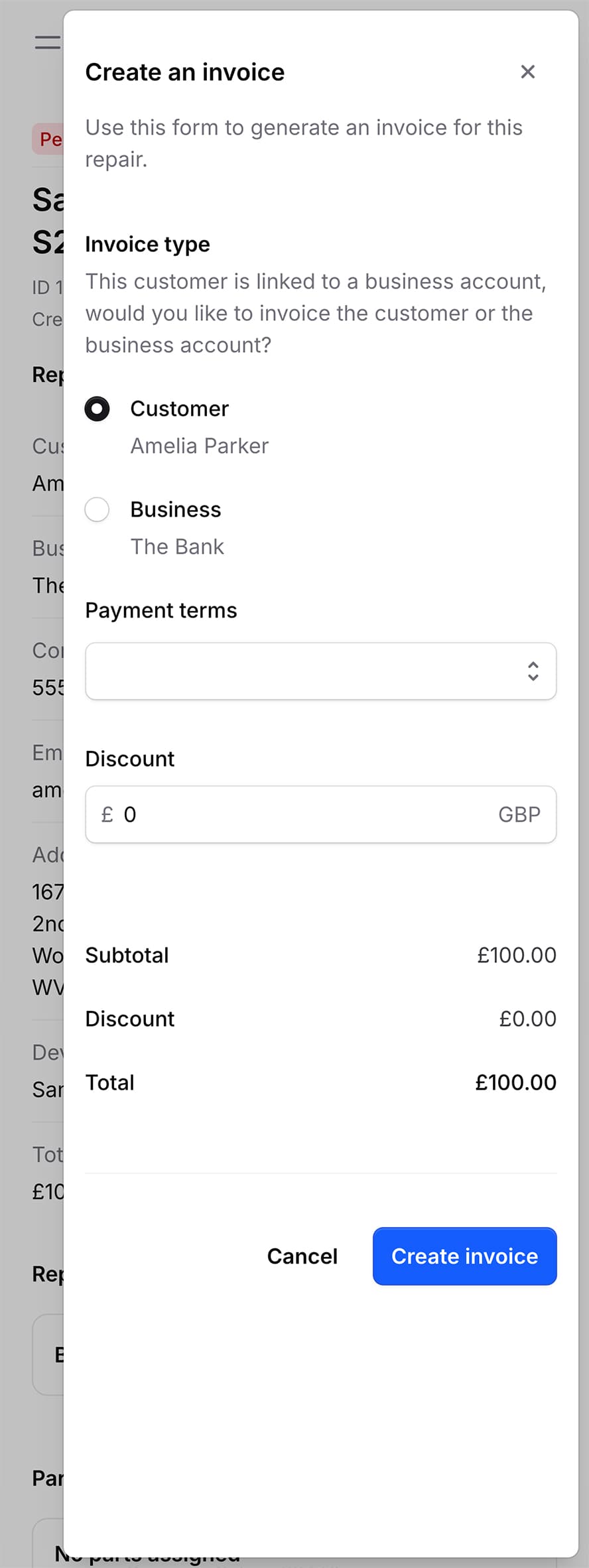 Image showing a create invoice dialog