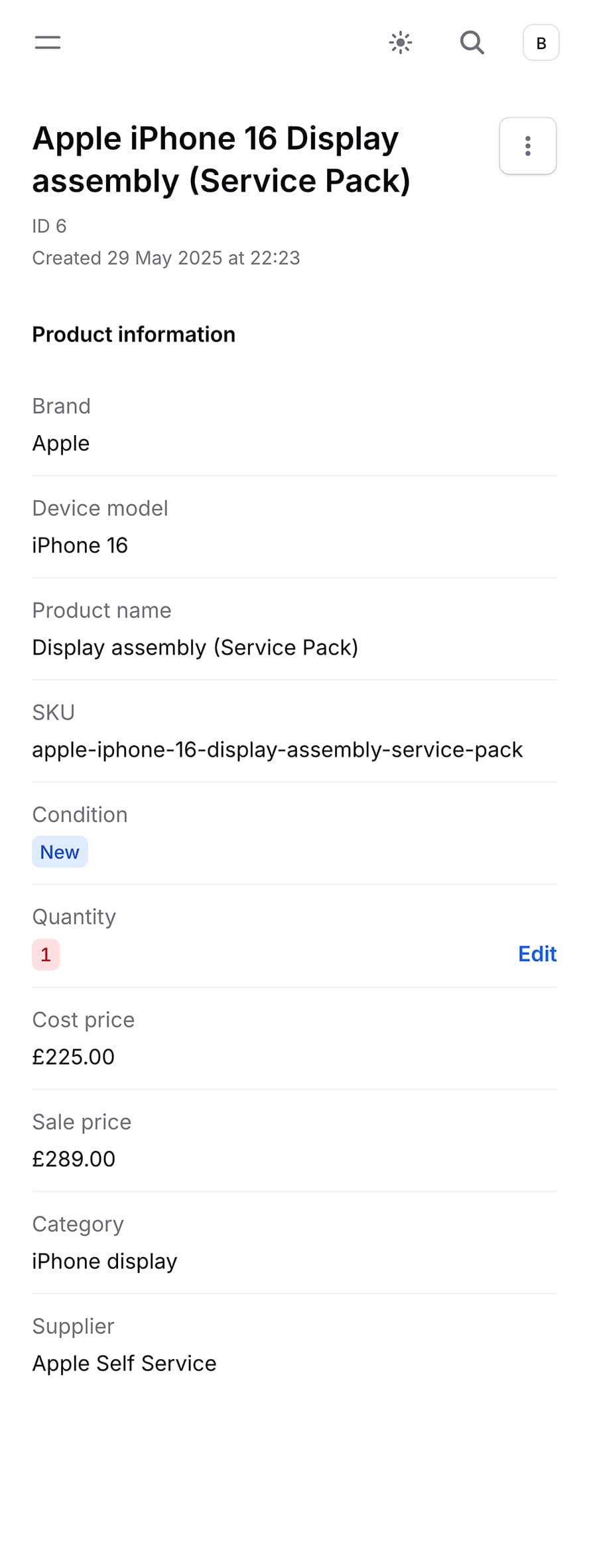 Image showing inventory detail page on mobile