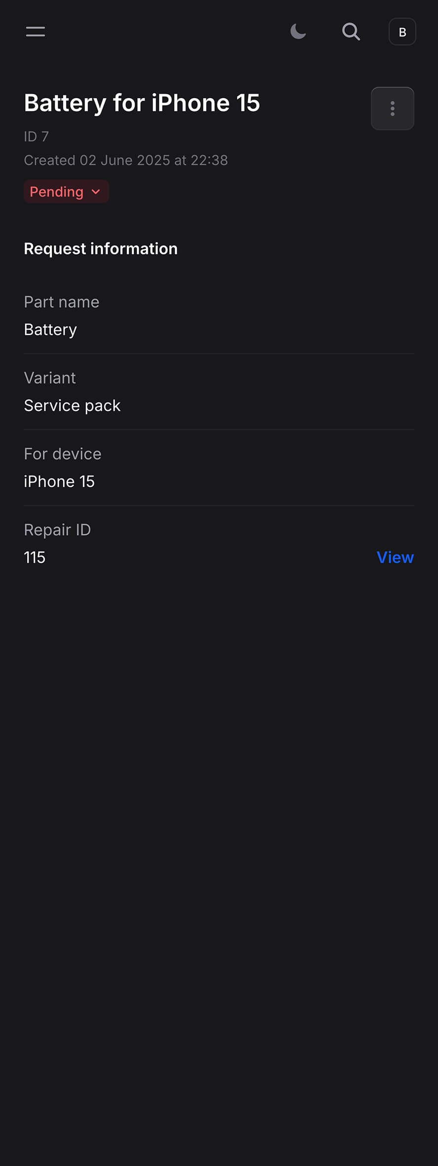Image showing a part request