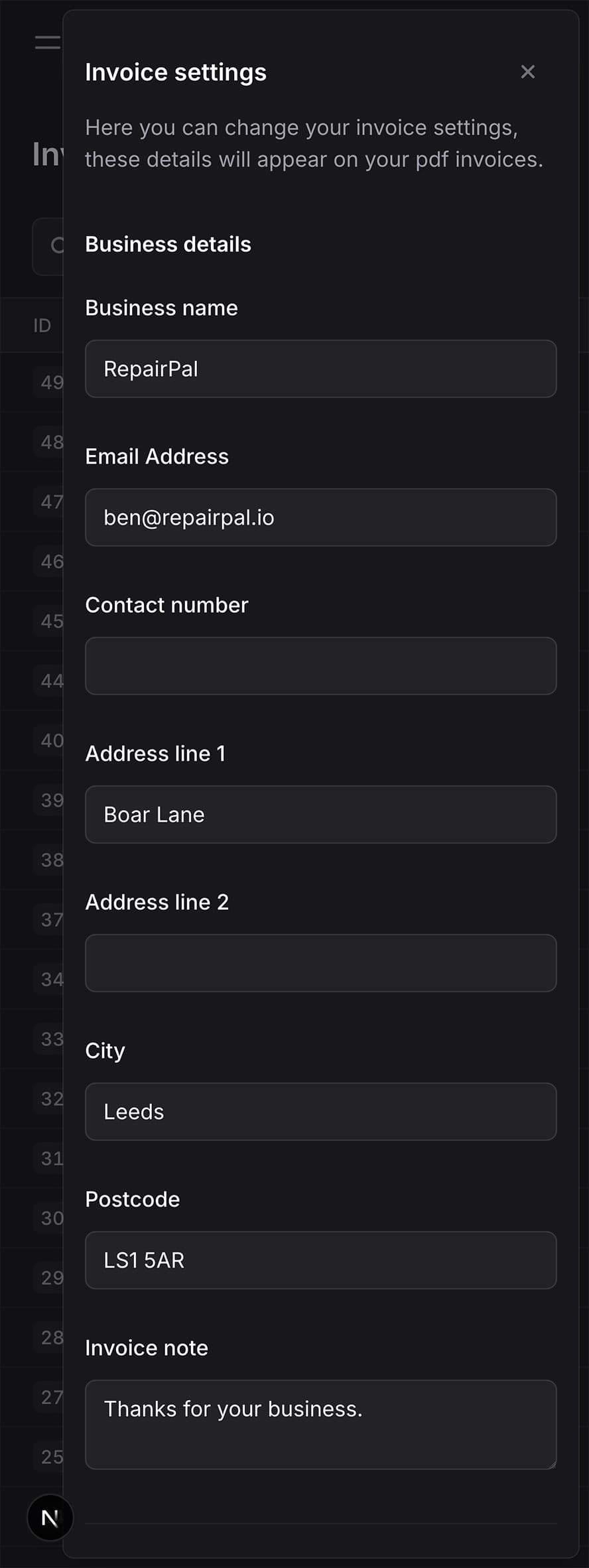 Image showing a create invoice dialog