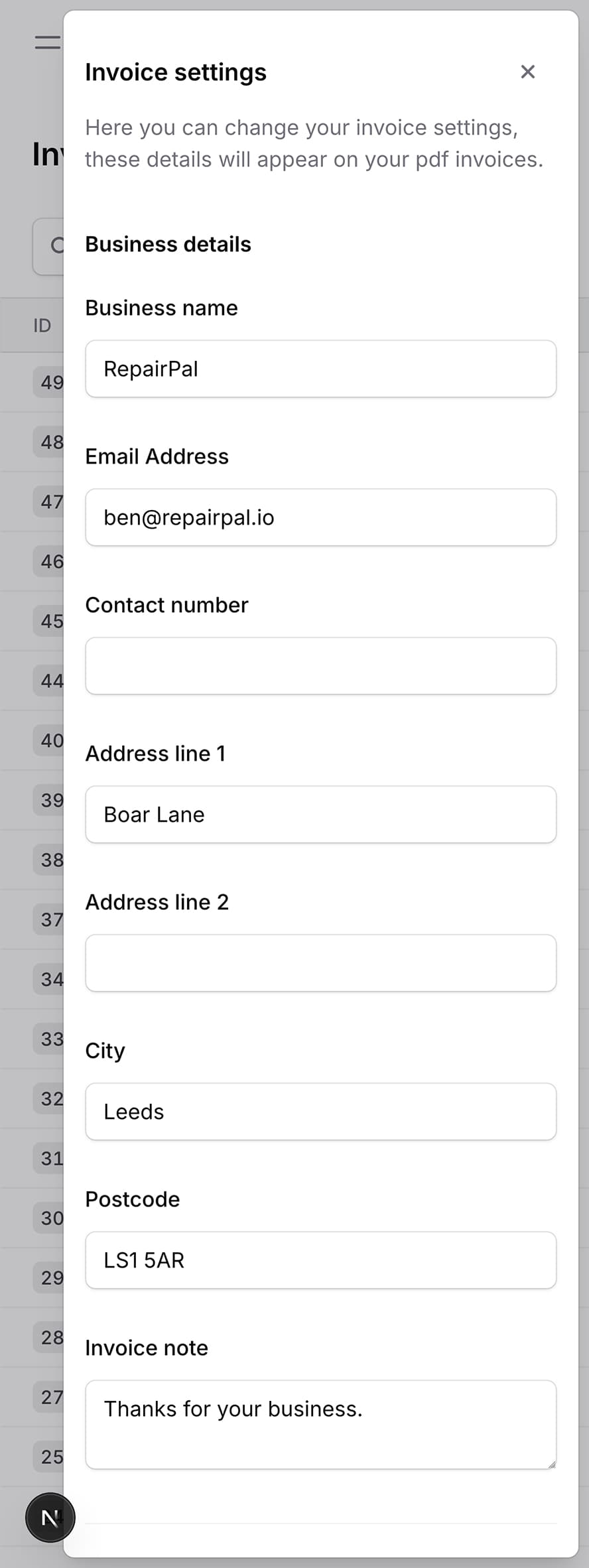Image showing a create invoice dialog
