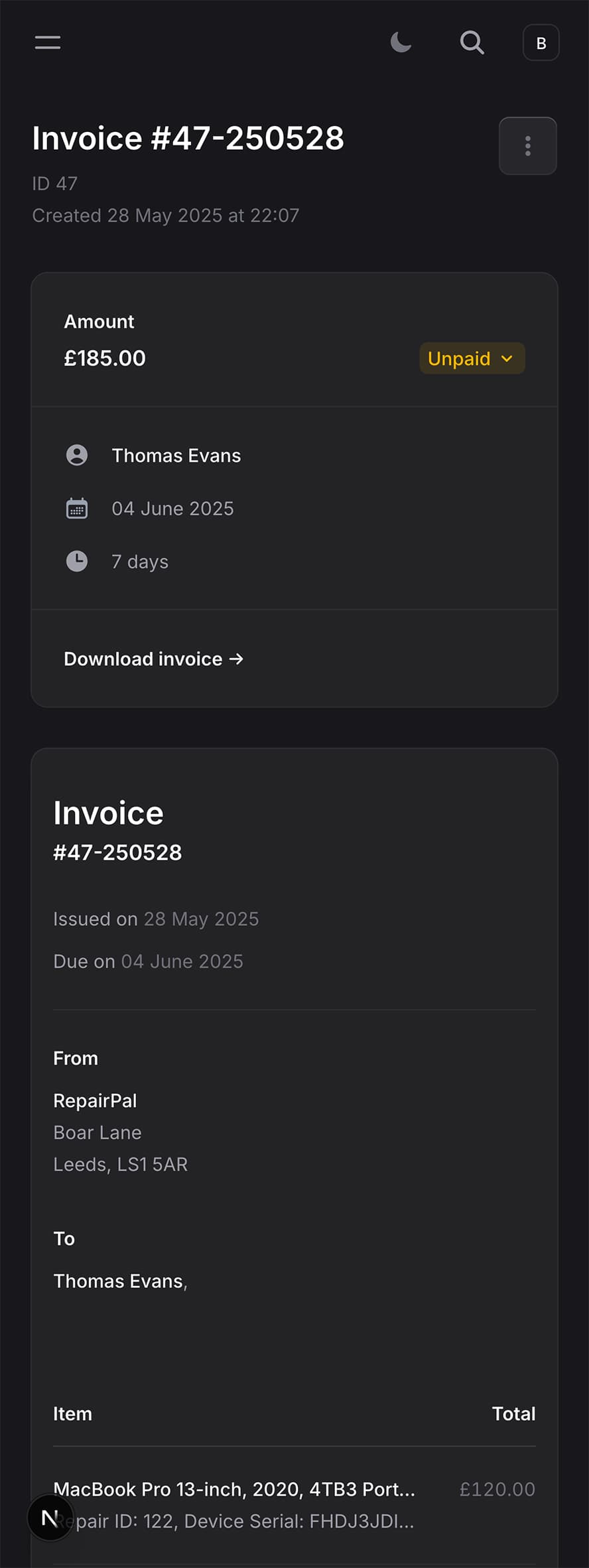 Image showing invoice detail page on mobile