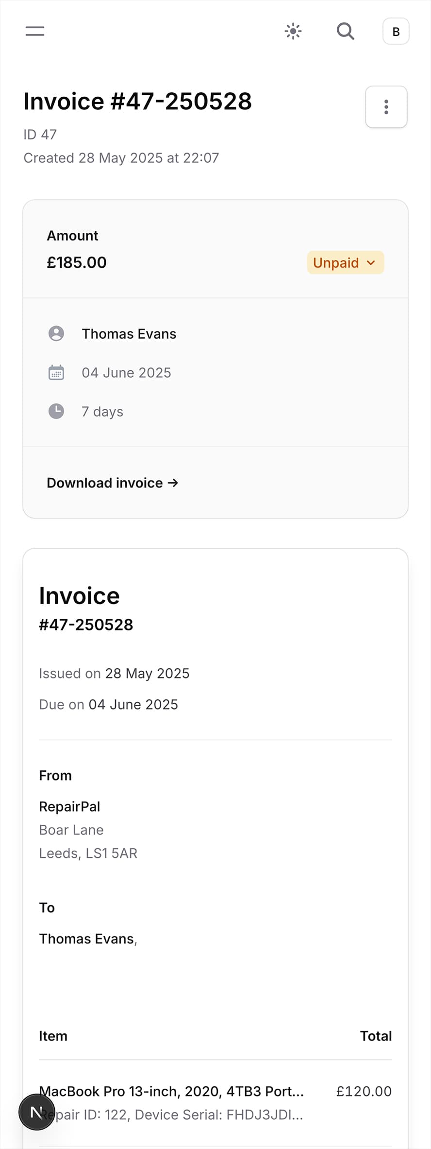 Image showing invoice detail page on mobile