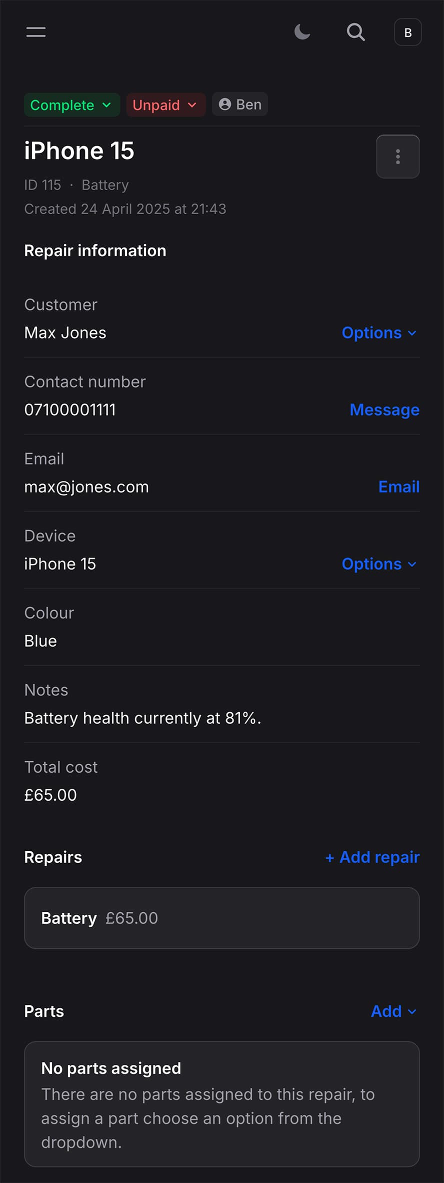Image showing repair detail page on mobile