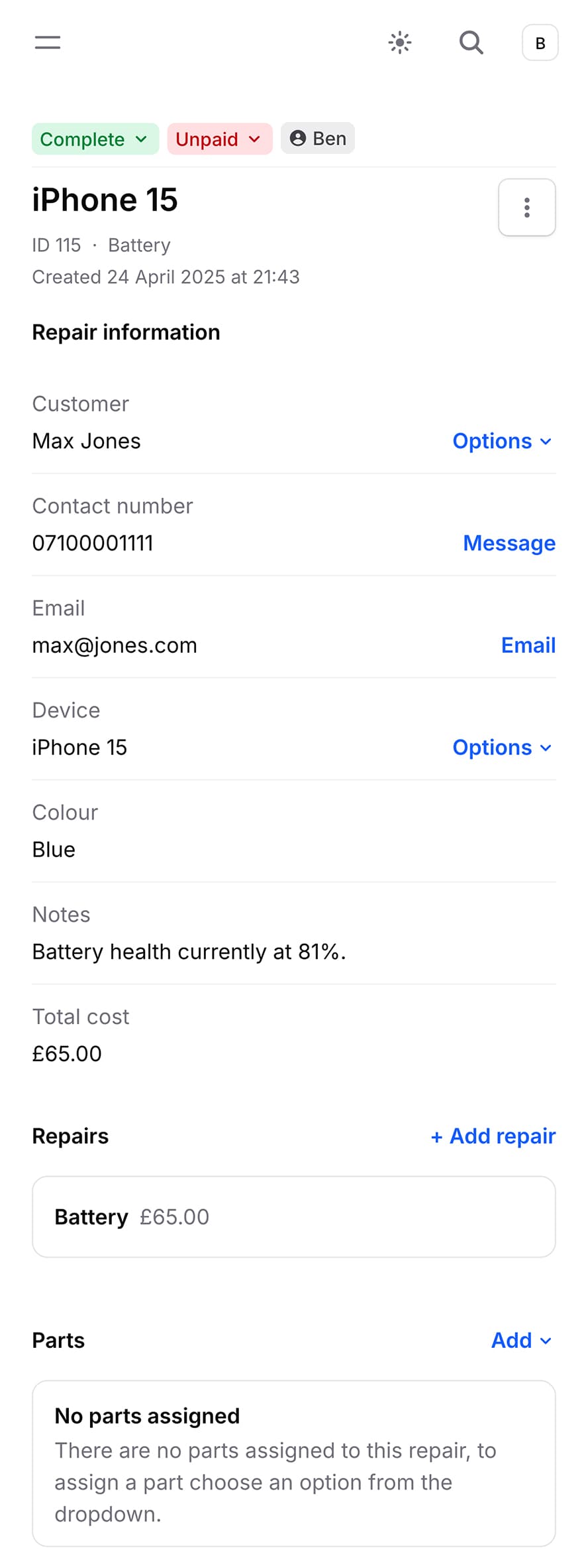Image showing repair detail page on mobile
